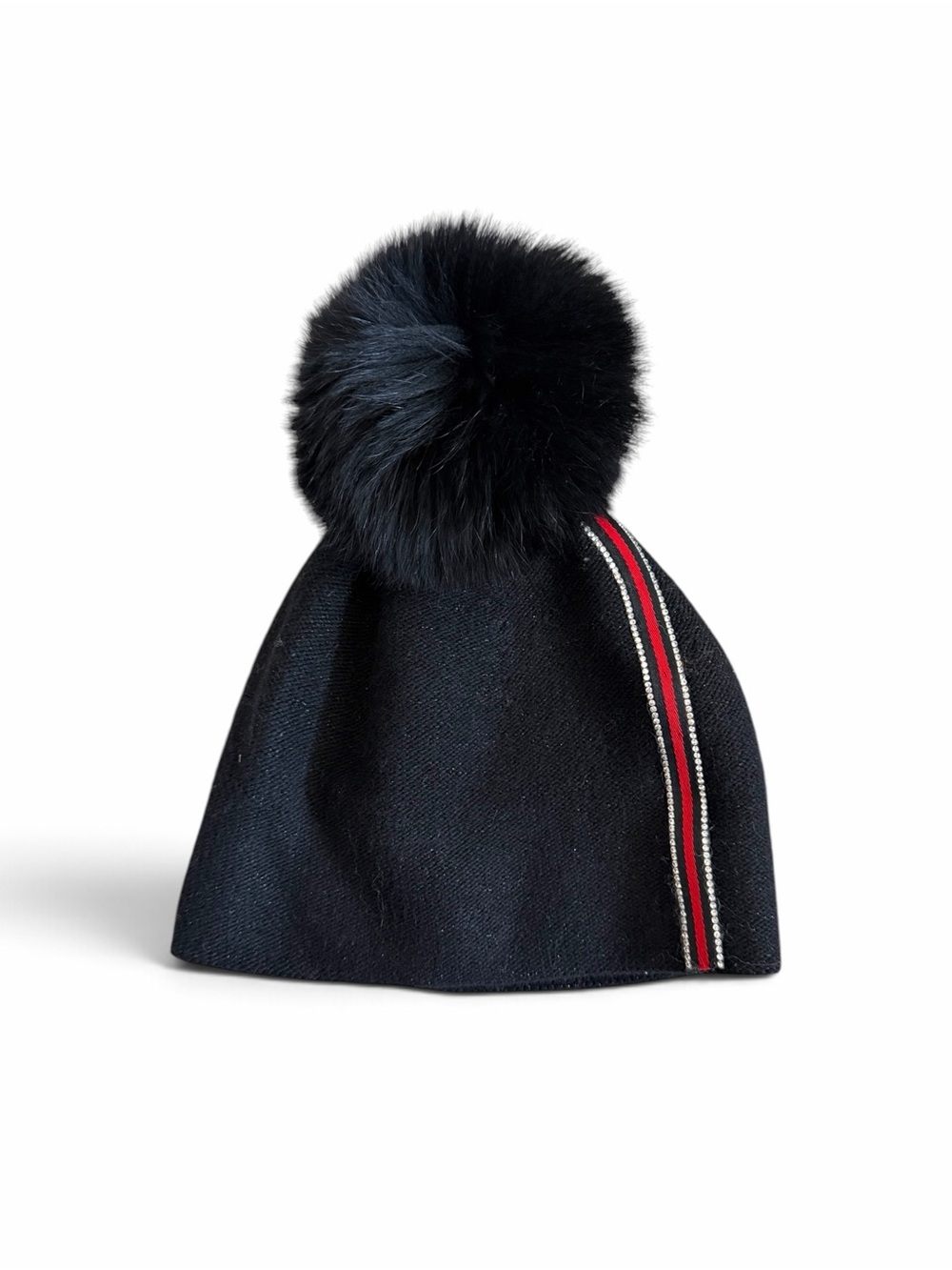Peter Glenn Black Stripe Knit Hat With Fox Fur Pom